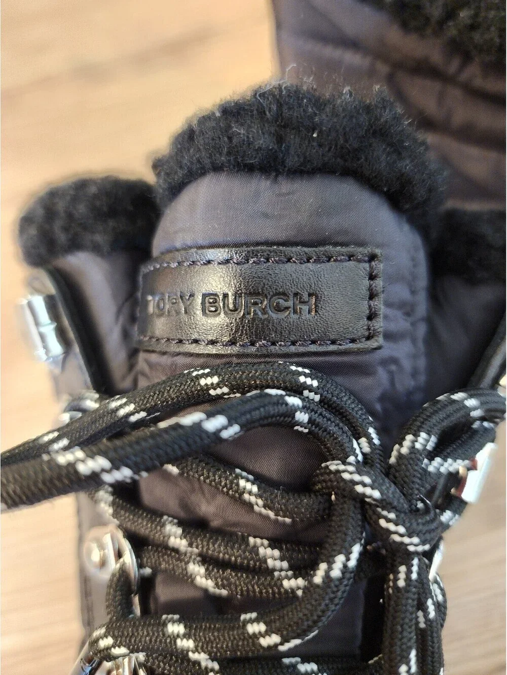 Size 5. Tory Burch Black Quilted Lace-Up Winter Boots with Shearling Lining,